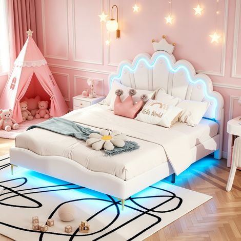 Kinderbett 140x200 cm mit LED-Beleuchtung, Polsterbett mit Verstellbares Kopfteil in Kronenform, Modernen Einzelbett, Bettgestell mit Lattenrost, PU Weiß (Ohne Matratze)