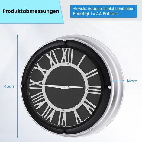 Horloge murale silencieuse 45 cm avec cadre argente amp cadran romain sans bruits de tic tac - 45 cm