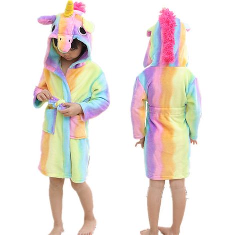 Langärmeliger Flanellbademantel für Kinder, Regenbogeneinhorn-Familienpyjama, niedliches Tiermuster, 130 cm (1/5)