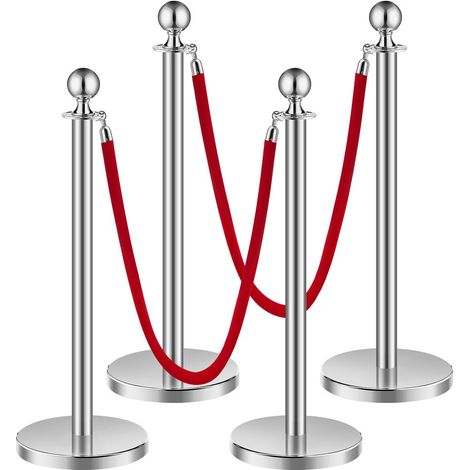 Montage facile poteaux de guidage 4 pcs avec 2 cordes velours rouge, barrière de balisage pour file d'attente (1/5)