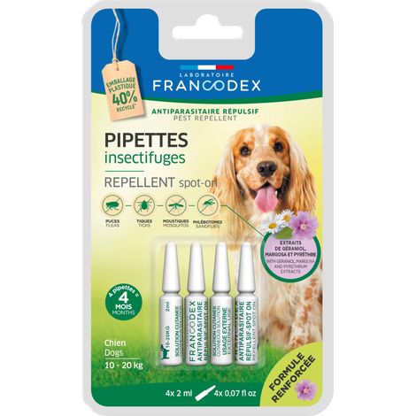 4 Pipettes Insectifuges pour Chiens de 10 kg à 20 kg formule renforcée - Francodex (1/3)