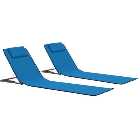 Tapis de plage chaise longue pliables 2 pièces acier et tissu bleu (1/5)