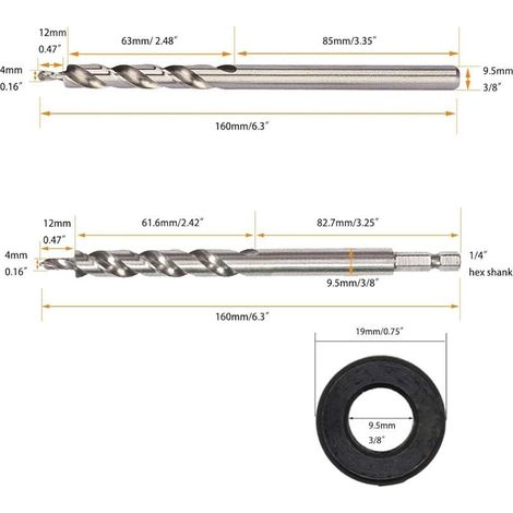 Stück 9,5-mm-Taschenlochbohrer, 6,35-mm-Sechskant- und Rundschaftbohrer, Stufenbohrer für Bohrschablonen und Bohrführungen (1/4)