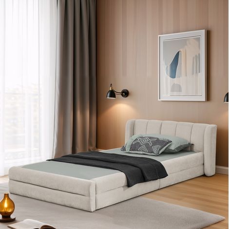 Bett Chenille-Stoff Beige 90x200 cm, gepolstertes Einzelbett mit ergonomischem Kopfteil (1/5)