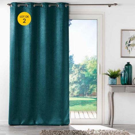 Lot de 2 rideaux 100% occultant 135 x 240 cm velours frappé Anthéa Pétrole (1/5)