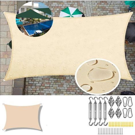 Wasserdichtes, rechteckiges Sonnensegel 2 x 3 m, 95 % Schattierungsgrad, UV-Schutz, für Terrasse, Garten, Balkon, Beige, inklusive Zubehör