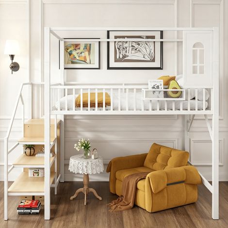 Letto a soppalco in metallo, dimensioni 140 x 200 cm, letto a soppalco multifunzionale con struttura superiore e scaletta di sicurezza, letto creativo per ragazzi, letto per adulti. (1/5)