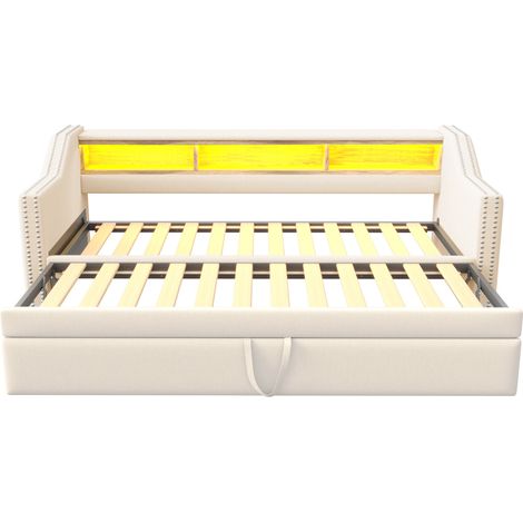 Ausziehbares Daybed 90/180 x 190 cm aus beigem Leinen mit LED, USB und Stauraum, MODENUIT (1/5)