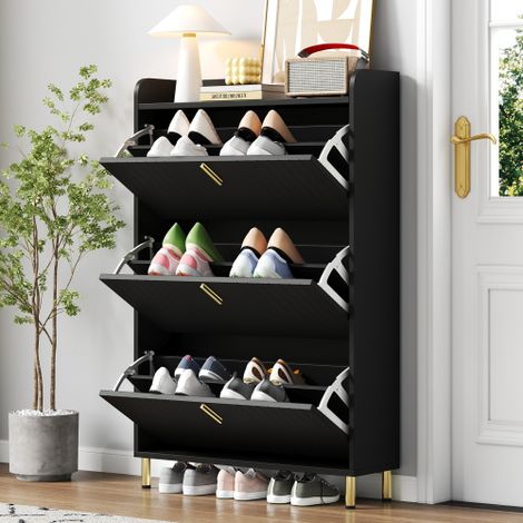 Mueble para zapatos ajustable, estante estrecho para zapatos, mueble abatible para zapatos, con 3 puertas, 6 compartimentos, dispositivo antivuelco para entrada, 80x23.5x123.5 cm - Negro (1/5)