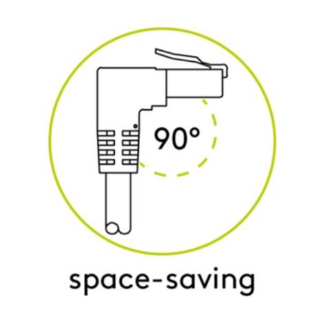 CAT 6 Câble Patch 1x 90° Coudé, U/UTP, noir, conducteur en cuivre (CU), gaine de câble sans halogène (LSZH), taquet d'arrêt en haut. Longueur de câble 1 m (1/3)