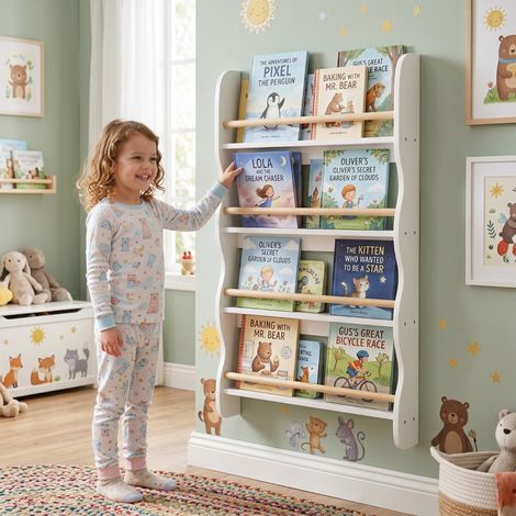 Estantería infantil, estantería infantil con 4 baldas, estantería de pared con dispositivo antivuelco, estilo Montessori, 60 x 10 x 98 cm, blanca (1/5)