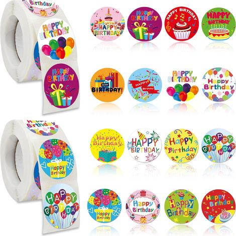 2 rouleaux d'autocollants « Joyeux anniversaire » (dessins animés), 1000 feuilles d'autocollants ronds, adhésifs et décoratifs, colorés et mignons (2,5 cm) pour cadeaux, anniversaires d'enfants, scrap (1/5)