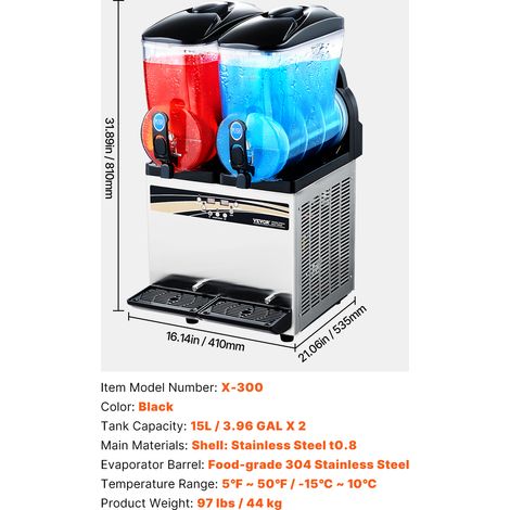 VEVOR kommerzieller Frozen Drink Maker, 15 L x 2 Slush-Maschine mit zwei Tanks, 120 Tassen Margarita-Smoothie-Maschine aus Edelstahl, Slush-Maker für Zuhause Partys Restaurants Cafes Bars