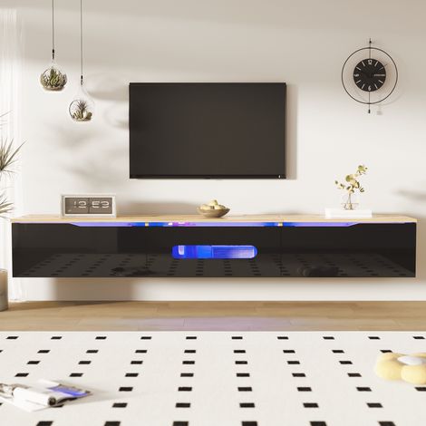 Meuble TV suspendu et à poser 180 x 35 x 30 cm, LED 16 couleurs Bluetooth, 3 portes brillantes, MDF et PB, noir et bois (1/5)