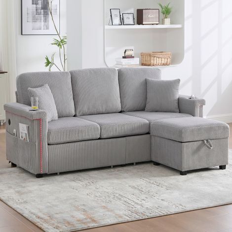 Canapé d’angle convertible 3 places avec LED, USB-C, repose-pieds de rangement, porte-gobelets et poches, velours gris
