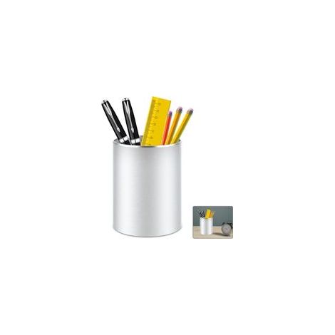 pot a crayon bureau,rangement bureau organisateur rond en métal et aluminium pour bureau, école, maison et enfants, Fond en silicone antidérapant (Argent) (1/4)