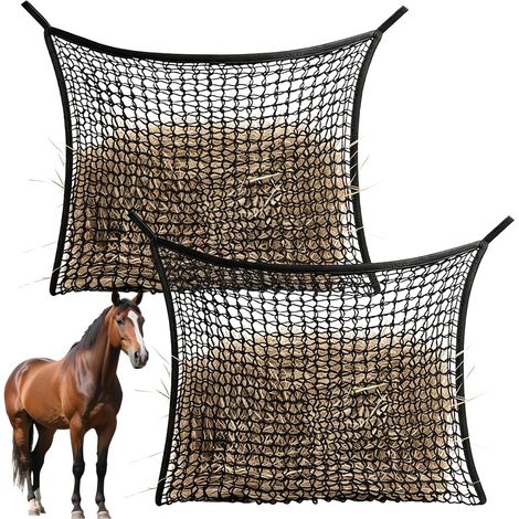 2 Pièces Filet a Foin Cheval, 90 x 80 cm Filet a Foin (Mesure 6 x 6 cm), Alimentateur Lent Filets à Fo-in avec 4 Mousquetons, Fil-et à Fourrage Convient aux Chevaux, Bovins, Moutons et Ânes (1/5)