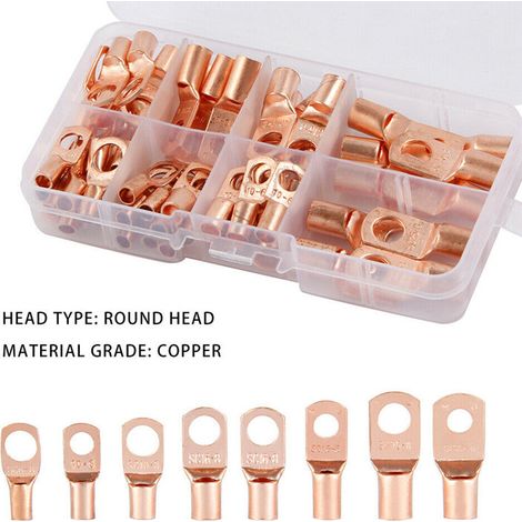 60 Pcs Cosses Électrique Trou boulon en Cuivre Étamé Connecteurs SC à sertir/souder pour câble de 6m㎡ 8m㎡ 10m㎡ 16m㎡ 25m㎡ Or (1/4)