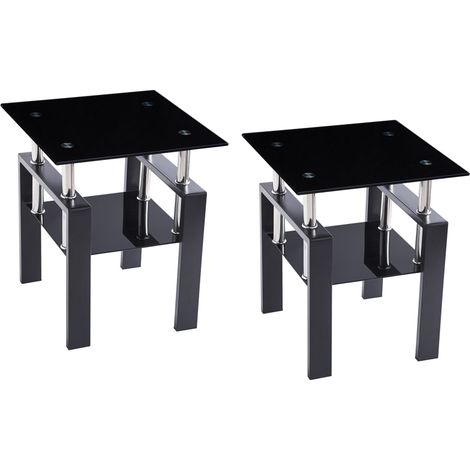 Lot de 2 Tables d'Appoint en Verre Trempé Noir et Pieds Métal Bouts de Canapé Rectangulaires pour Salon Chambre (1/5)