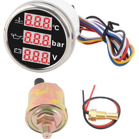 Manómetro de 52 mm 3 en 1 para automóviles y embarcaciones, indicador de temperatura del refrigerante del motor en °F + manómetro de presión de aceite en PSI + voltímetro, kit de sensores (cubierta pl (1/5)