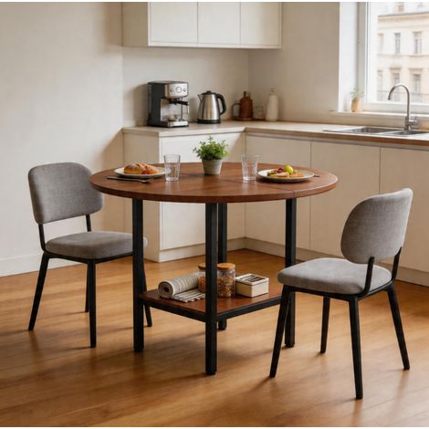 Tavolo rotondo da pranzo 100x100x77 cm, con doppio piano portaoggetti, piano in MDF, struttura in metallo, colore noce (1/5)