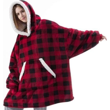 Manta con capucha para adultos, manta de sofá tipo jersey de forro polar con mangas, para hombre/mujer, con bolsillos, funda portátil para TV, invierno, 118 x 80 cm, roja (1/4)