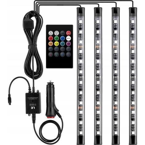 12V LED éclairage intérieur de voiture avec 4 pièces 48 RGB, 3 m de bandes LED multicolores de voiture, bande lumineuse contrôlable avec télécommande, éclairage étanche pour allume-cigare- (1/5)