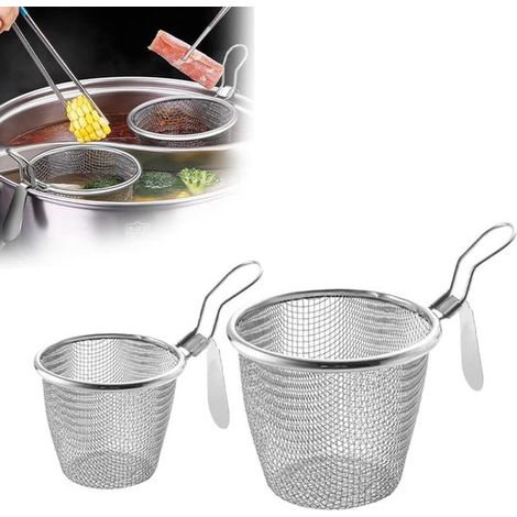 Cestello per pasta in acciaio inox, cestello da cucina con morsetto per pasta, scolapasta sospeso, utensile da cucina per pasta, ramen, pho e verdure, set da 2, taglia S (1/5)