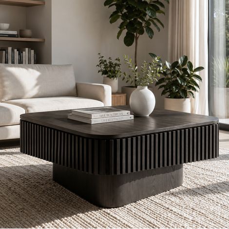 Table basse carrée 75x75x35 cm en MDF et placage bois noir, avec rangement pour salon FloraGrace (1/5)