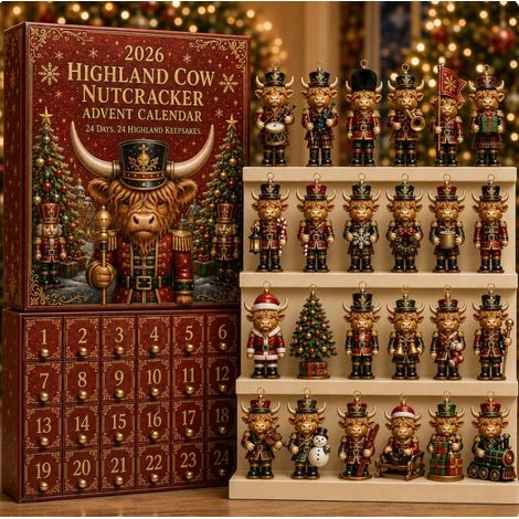 Boîte mystère de Noël avec figurine casse-noisette vache des Highlands, décoration surprise festive pour sapin, maison, fête et collection (1/4)