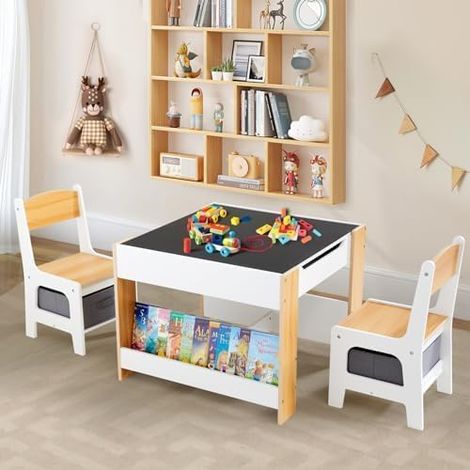 Ensemble Table et Chaises pour Enfants, Bureau 4 en 1 avec Tiroir De Rangement, Table d'Activités en Bois pour Plateau Amovible 2 en 1, avec Bibliothèque (1/5)
