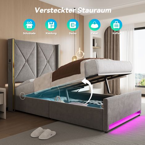 Lit velours avec tête de lit rembourrée matelassée, rangement latéral, ports USB, éclairage LED, système hydraulique et grand coffre sous lit – design, confort et praticité. 90x200 cm. (1/5)
