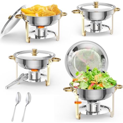 Lot de 4 Réchaud à Buffet Or, Ensemble de Chauffe Inox avec Couvercles, Porte-Couvercle, Cuillères & Pinces, Plats Buffet Traiteur