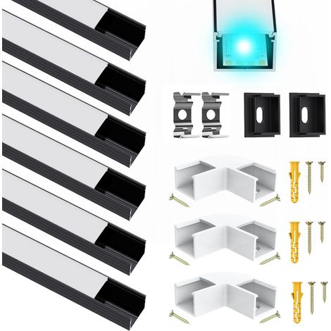 Profilé LED en aluminium noir pour bande LED jusqu'à 16 mm, En forme de U, Diffuseur LED avec couvercle blanc laiteux, Convient pour les bandes LED Strip / Bande LED Plus (1/5)