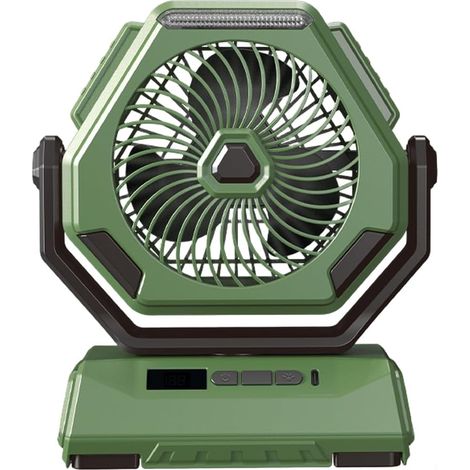 Ventilador de camping recargable USB-C negro con luz LED y pantalla digital, ventilador portátil para tienda de campaña, viajes, oficina (verde sólido) (1/4)