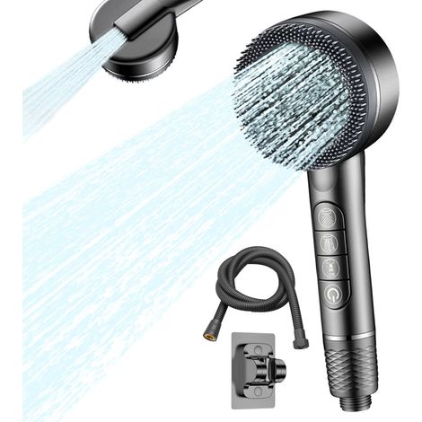 Pommeau de Douche à Main Filtrant Anti Calcaire, 4 Modes de Jet, Adoucisseur d’Eau Anti-Chlore avec Flexible 1,5 m, Support et Bouton d’Arrêt d’Eau, Brosse Massage Silicone (Gris) (1/5)
