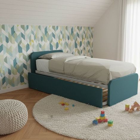Letto singolo con letto estraibile, trasformabile in matrimoniale. Testate personalizzabili, reti in acciaio e doghe in faggio - Verde Petrolio
