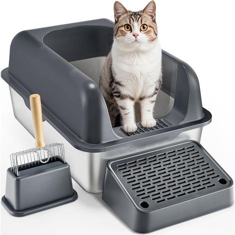 1 Bac à litière pour chat, acier inoxydable, grande capacité 30 L, parois hautes, avec pelle et repose-pied filtrant, pour grands chats