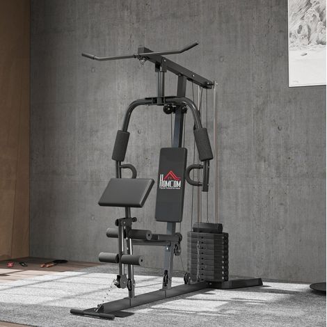 Station de musculation multifonction avec bloc de poids 45 kg, 180 x 108 x 200 cm, acier noir (1/4)