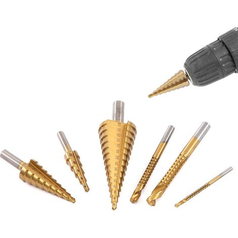 6 Pièces Foret Étagé, Foret Fraise Meche Etage, Foret Conique HSS avec Revêtement Titane, Triangle Conique, pour Percer dans Acier, Laiton, Bois, Métal, 4-12 mm/4-20mm/4-32mm (1/5)