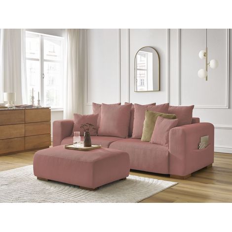 BOBOCHIC - Canapé droit fixe 3 places SIDONIE velours côtelé avec pouf Rose (1/5)