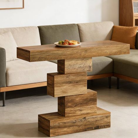 Table console 108 x 30 x 80 cm marron clair, base géométrique, bois MEUBLIV (1/5)