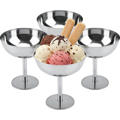 Ensemble de 4 coupes à glace en acier inoxydable - Ø 10 cm - 200 ml, coupes à dessert vintage en acier inoxydable, verres à cocktail à pied, coupes à glace pour fruits, salades, yaourts et autres dess (1/5)