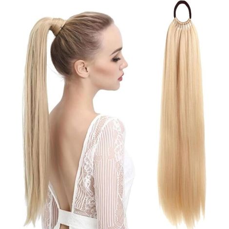 Extension de queue blond cheval, 60 cm Extension Queue Blond Cheval Cheveux Humain, Cheveux synthétiques blond longs et raides, Avec élastique, Cheveux raides et lisses, Pour femmes et filles