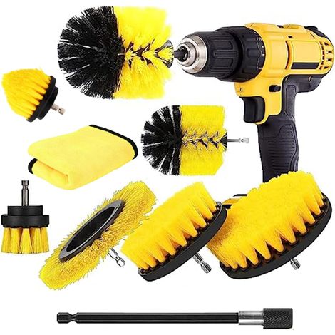 9 Pièces Brosse Nettoyage pour Perceuse - Voiture, Jantes, Carrelage, Tapis, Baignoire, Cuisine, Toilettes, Sol - Jaune (1/5)