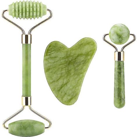 Kit de massage facial 3 en 1 Gua Sha à double tête, pierre de jade, lifting du visage, relaxation de la peau, amincissement, outil de beauté Gua Sha - rouleau rainuré uniquement. (1/5)