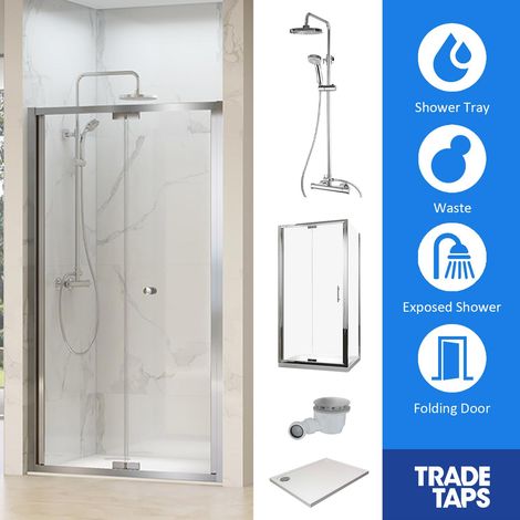 Synergy Designer Chrome Folding Door 800 x 1000mm, Tray, Waste & Trisen Shower Set En-suite (1/2)