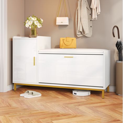 Meuble à chaussures 100x38x68 cm avec coussin, 2 niveaux et 1 placard, blanc et or (1/5)