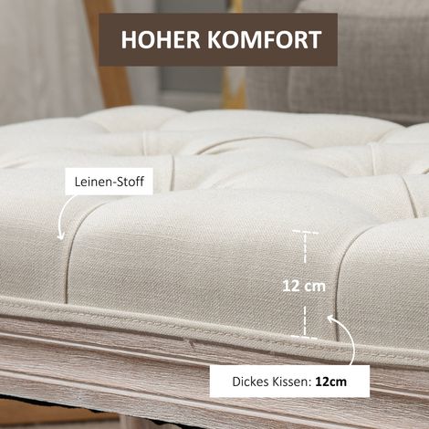 Pouf avec revêtement en lin, banc rembourré, repose-pieds en bois avec assise capitonnée, ottomane à pieds en bois pour salon et chambre, blanc crème (1/5)