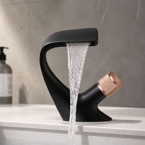 Robinet lavabo mitigeur cascade en laiton massif, bouton rotatif doré rose, finition noir mat, hauteur 183mm, design moderne salle de bain (1/5)